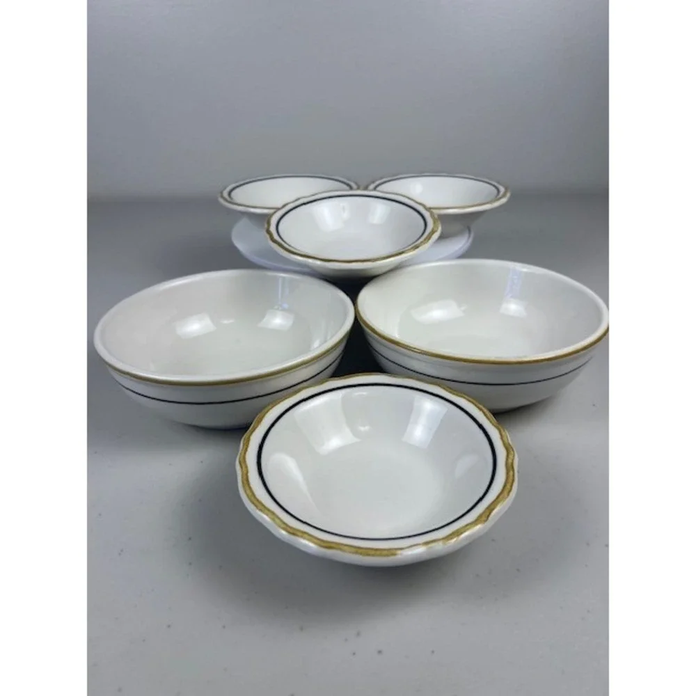 Homer Laughlin Restaurant Best China 6 Piece‎ Bowl Set Blue Gold Scalloped Rim